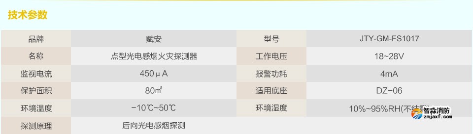 賦安點型光電感煙火災探測器的技術(shù)參數(shù)